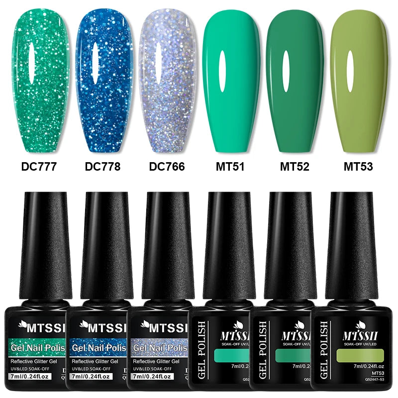 6pcs Reflective Glitter Gel & Color Gel Nail Polish Set Shiny Effect Semi Permanent UV LED Gel Manicure DIY Nail Supplies
