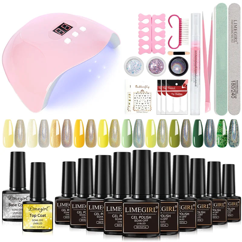 LIMEGIRL 9 Colors Gel Nail Polish Set with UV LED Light Semi-Permanent Soak Gel Varnish Base Coat Polishing Tool Nail Gel Kit