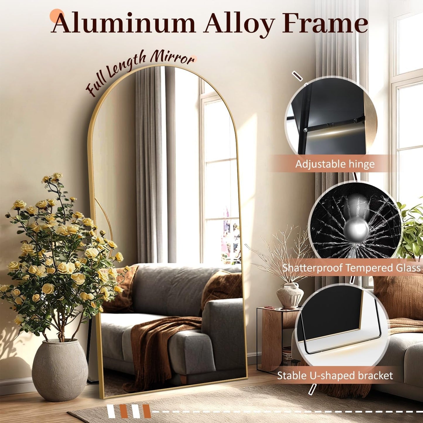 Seventy One Inch Arched Full Length Mirror Tempered Glass