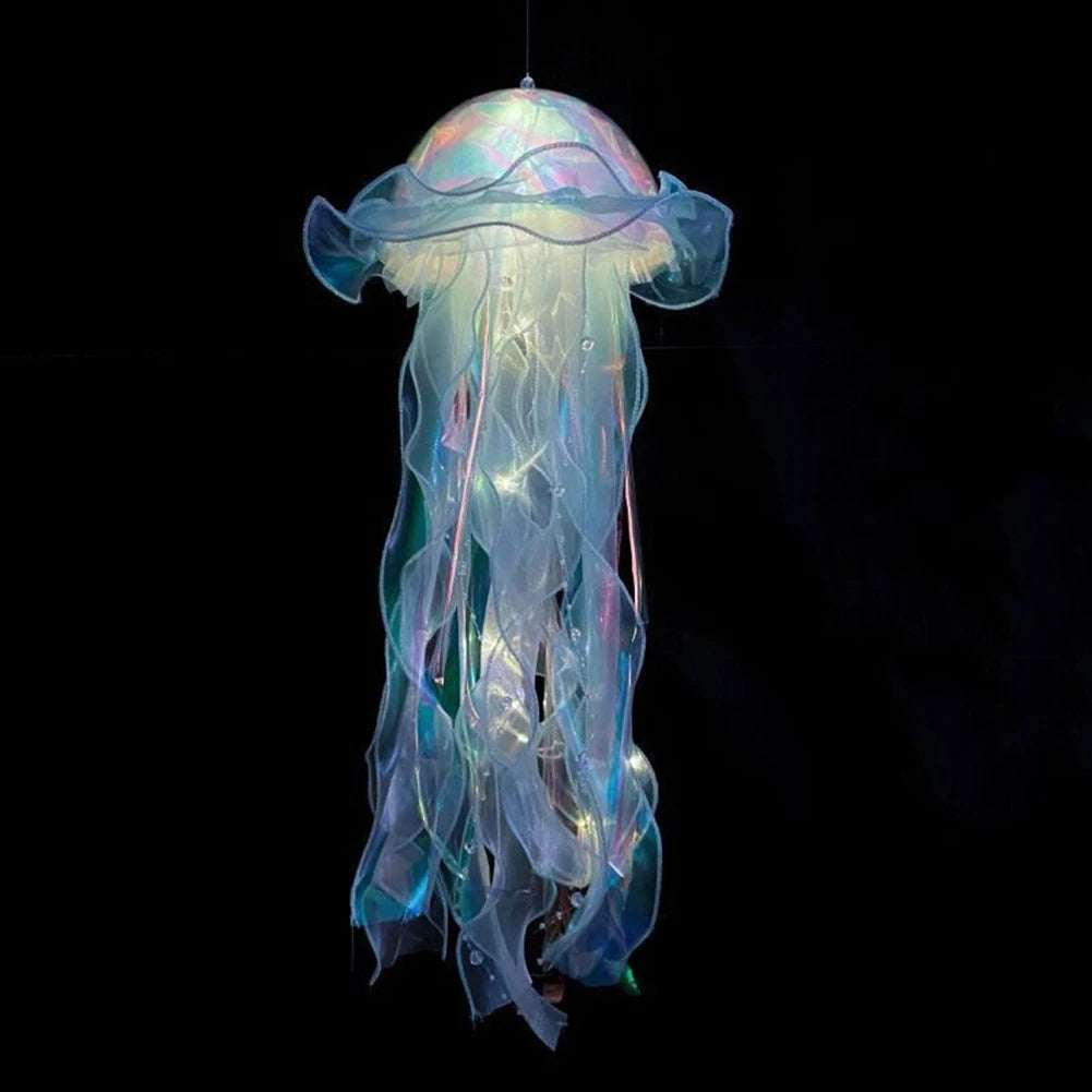 Jellyfish Sleeping Warm Light Button Battery Hanging Ceiling Lantern with Ribbon&Bead LED Bulbs for Children Bedroom