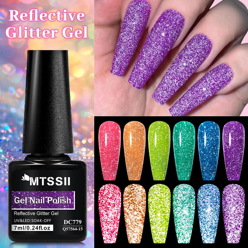 6pcs Reflective Glitter Gel & Color Gel Nail Polish Set Shiny Effect Semi Permanent UV LED Gel Manicure DIY Nail Supplies
