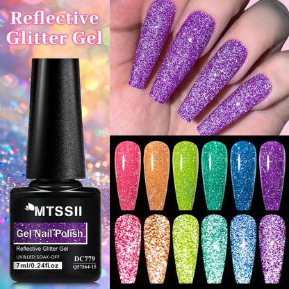 6pcs Reflective Glitter Gel & Color Gel Nail Polish Set Shiny Effect Semi Permanent UV LED Gel Manicure DIY Nail Supplies