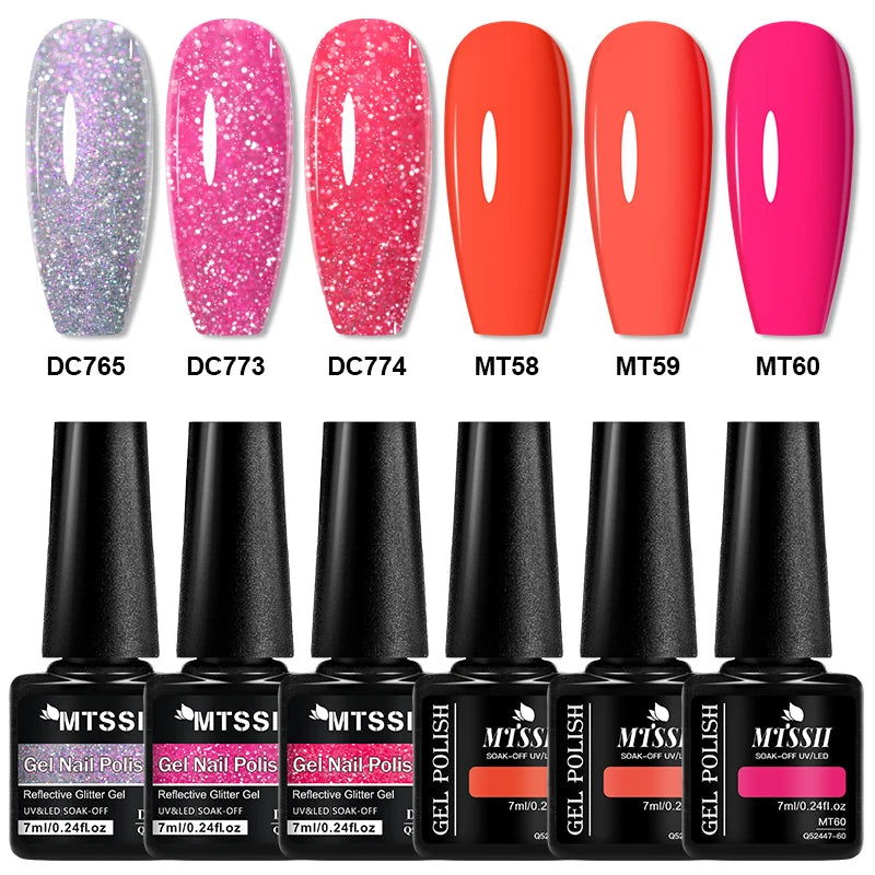 6pcs Reflective Glitter Gel & Color Gel Nail Polish Set Shiny Effect Semi Permanent UV LED Gel Manicure DIY Nail Supplies