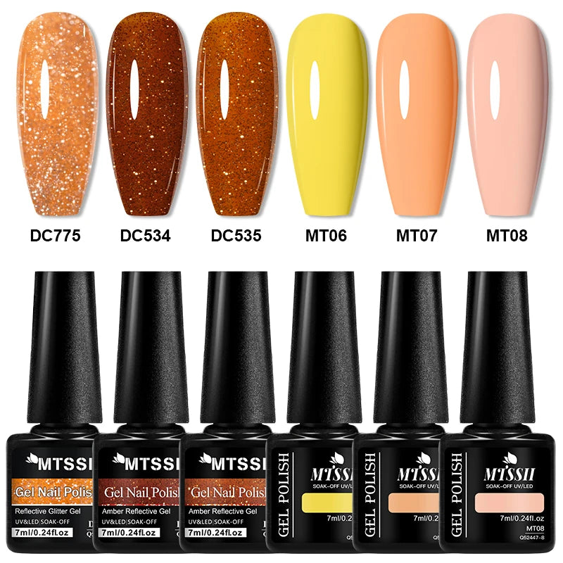 6pcs Reflective Glitter Gel & Color Gel Nail Polish Set Shiny Effect Semi Permanent UV LED Gel Manicure DIY Nail Supplies