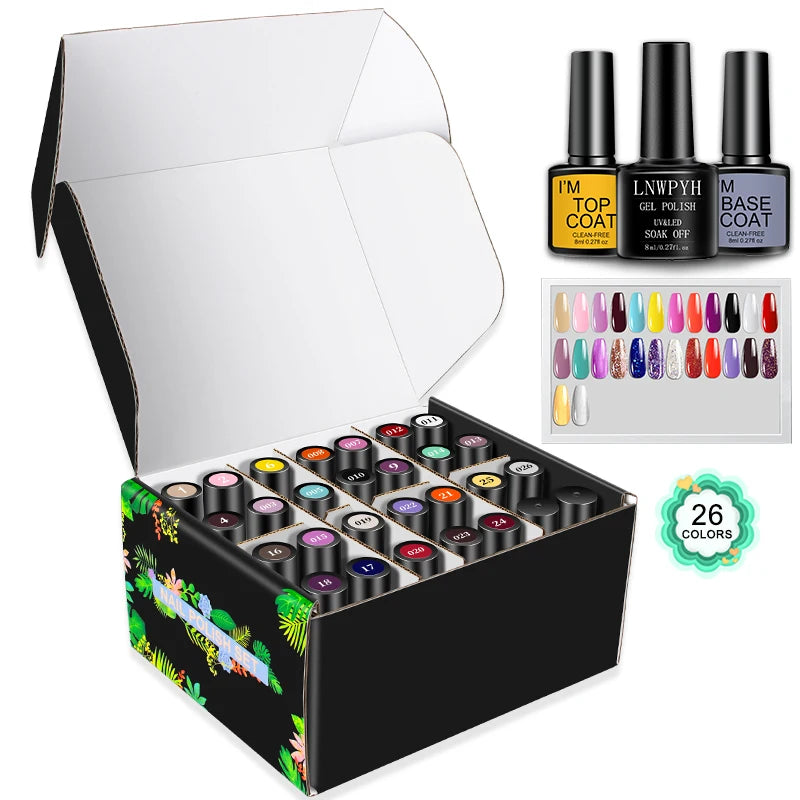 LNWPYH Gel Nail Polish Set Nail Gel Kit 26 Color Semi Permanent UV Led Gel Varnish Soak Off Nail Lacquers Base Coat Top Coat Kit