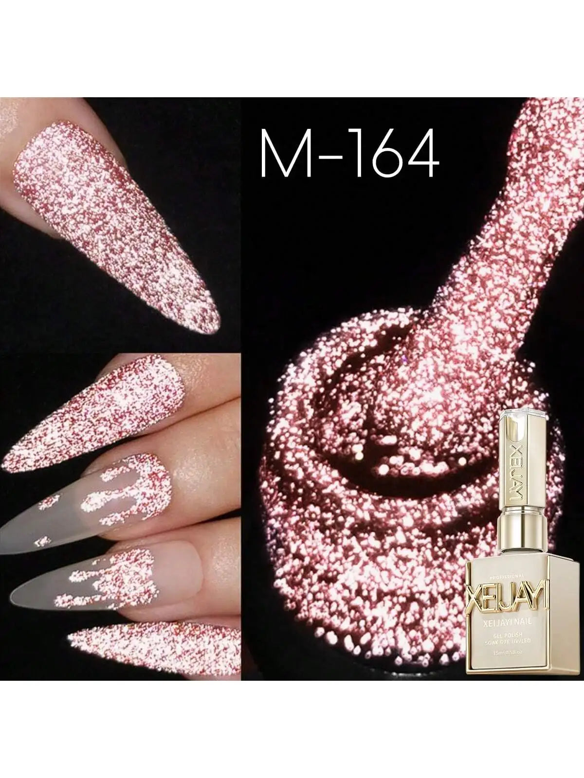 XEIJAYI Pink Glitter Diamond Nail Polish, Shiny Reflective Red with Glitter, Holographic Reflective Soakable UV/LED Nail Art