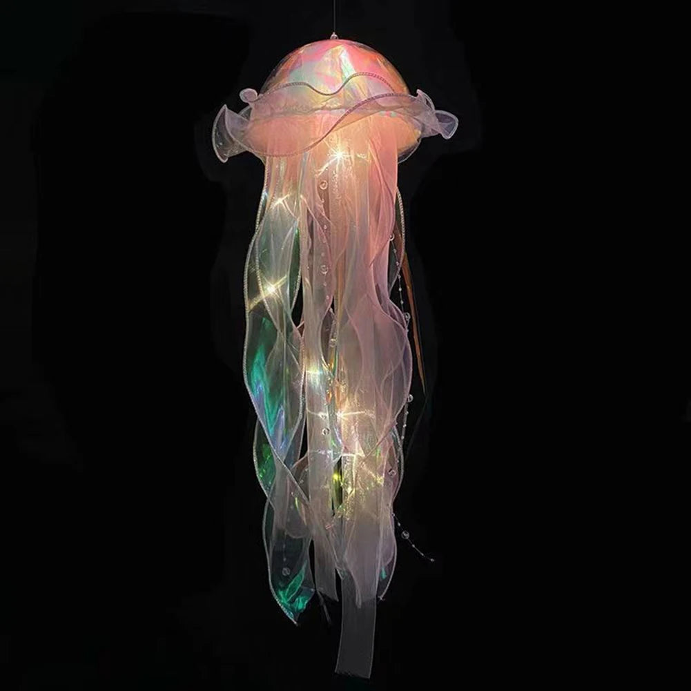 Jellyfish Sleeping Warm Light Button Battery Hanging Ceiling Lantern with Ribbon&Bead LED Bulbs for Children Bedroom