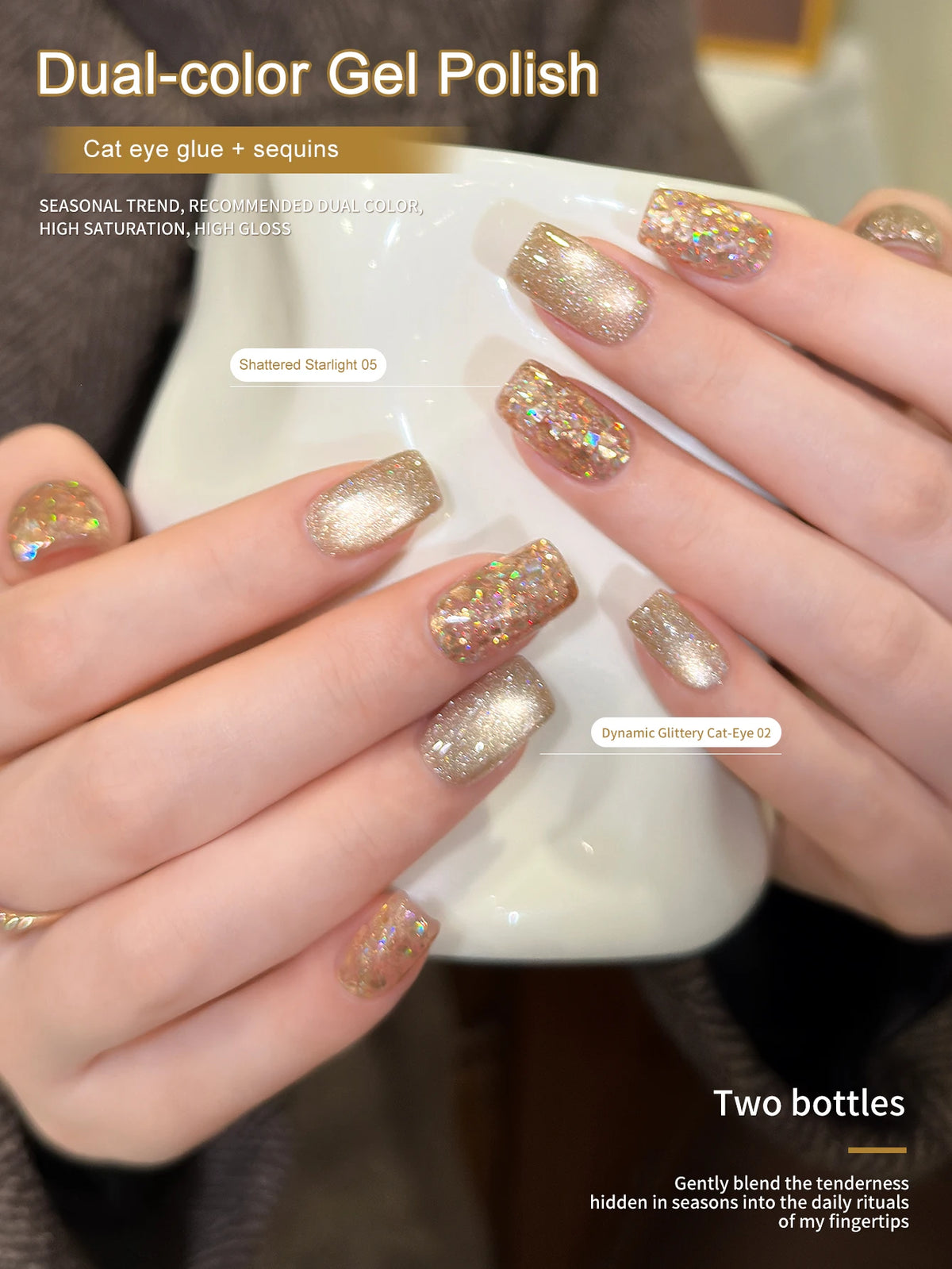 XEIJAYI 2PCS 15Ml Golden Reflective Cat's Eye Magnetic Gel Soaking UV LED Gel Salon Female Nail Art Tools Cat Eye Nails