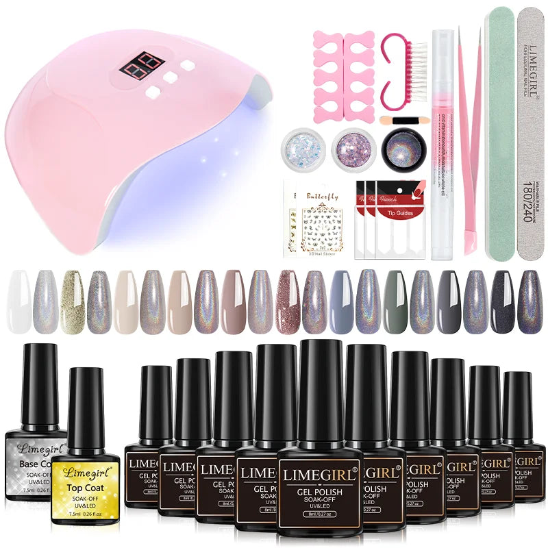 LIMEGIRL 9 Colors Gel Nail Polish Set with UV LED Light Semi-Permanent Soak Gel Varnish Base Coat Polishing Tool Nail Gel Kit