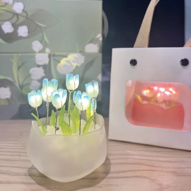 Artificial Tulip Flower Night Light Ornaments Handmade DIY Bedsides LED Night Lamp Bedroom Desk Decor Birthday Gifts Table Lamp
