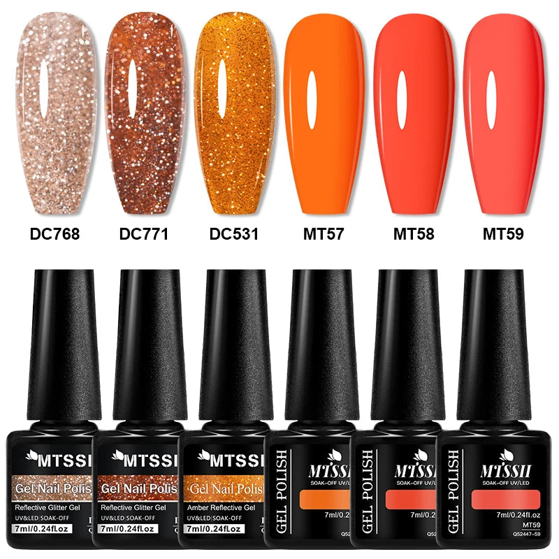 6pcs Reflective Glitter Gel & Color Gel Nail Polish Set Shiny Effect Semi Permanent UV LED Gel Manicure DIY Nail Supplies