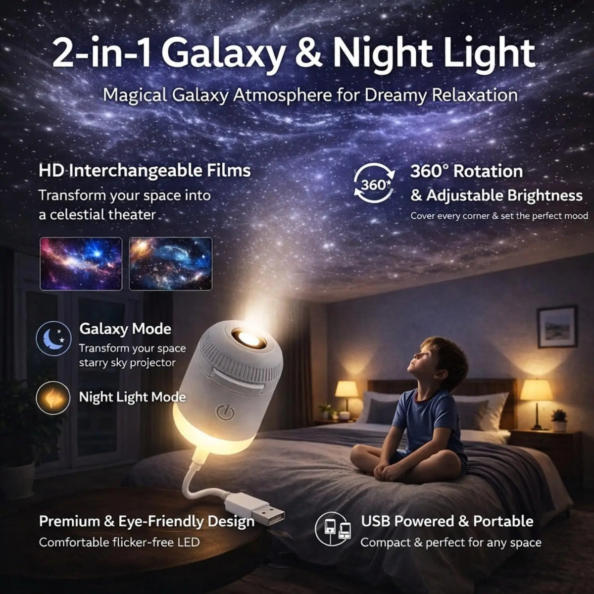 36 Slides Rotatable Galaxy Starry Sky Projector Portable Car Home Decor 2-in-1 Wiring-free Led Atmosphere Lamp Kids Adult Gifts