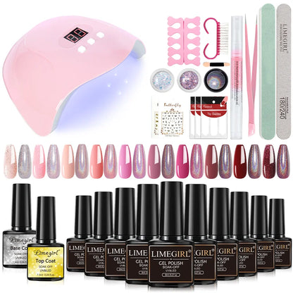LIMEGIRL 9 Colors Gel Nail Polish Set with UV LED Light Semi-Permanent Soak Gel Varnish Base Coat Polishing Tool Nail Gel Kit