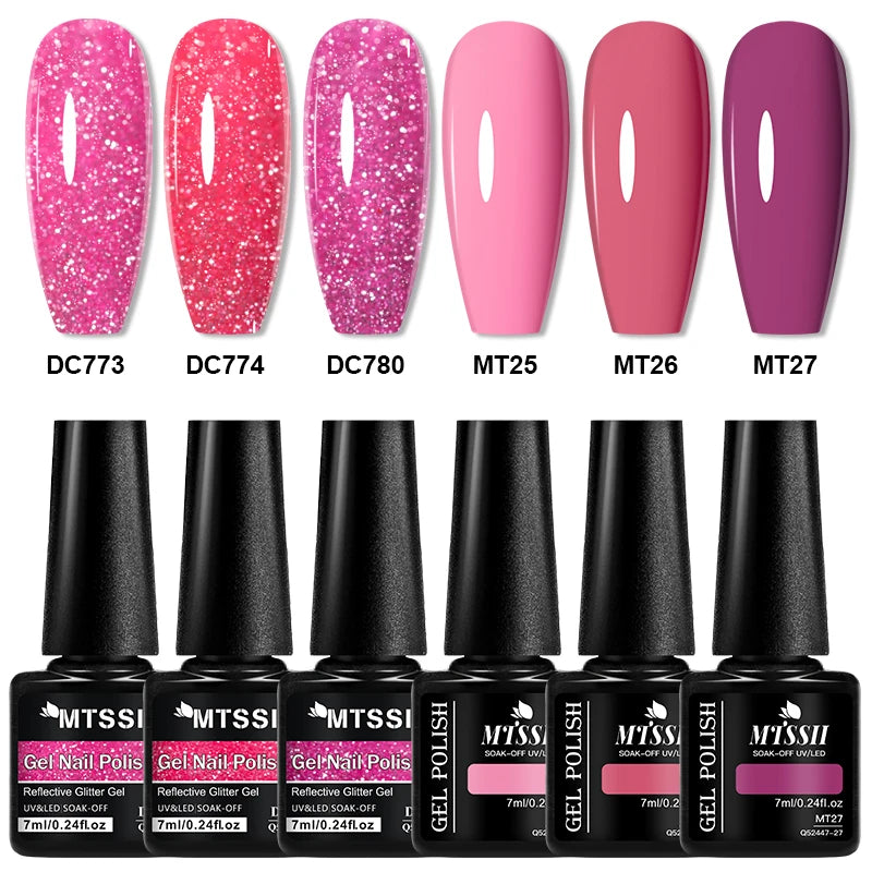 6pcs Reflective Glitter Gel & Color Gel Nail Polish Set Shiny Effect Semi Permanent UV LED Gel Manicure DIY Nail Supplies