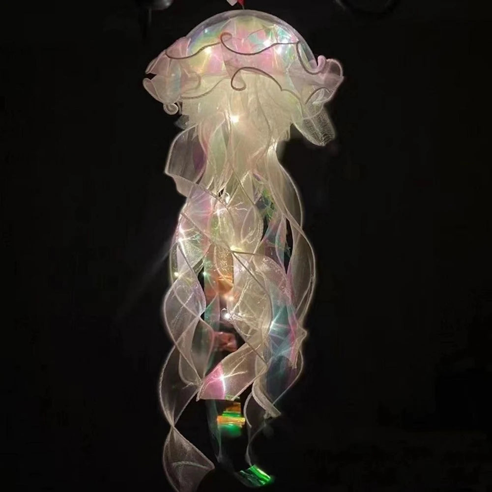 Jellyfish Sleeping Warm Light Button Battery Hanging Ceiling Lantern with Ribbon&Bead LED Bulbs for Children Bedroom