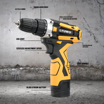 LYUWO 12/16.8/21V Cordless Drill Rechargeable Electric Screwdriver Lithium Battery Household Multi-function 2 Speed Power Tools
