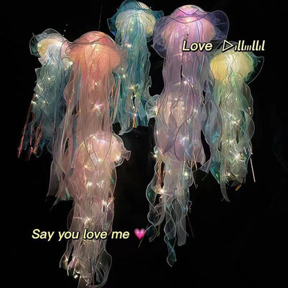 Jellyfish Sleeping Warm Light Button Battery Hanging Ceiling Lantern with Ribbon&Bead LED Bulbs for Children Bedroom