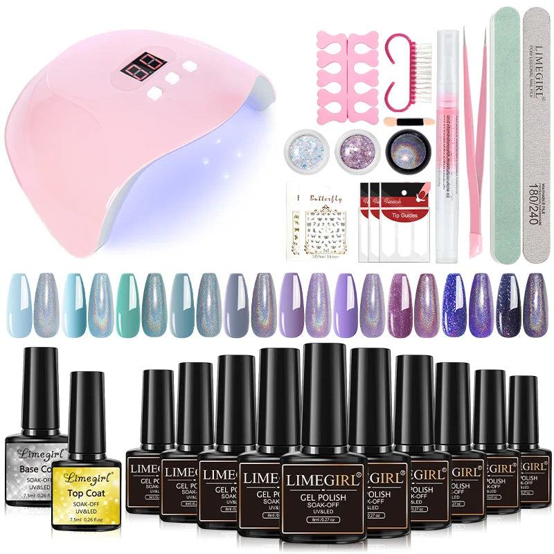 LIMEGIRL 9 Colors Gel Nail Polish Set with UV LED Light Semi-Permanent Soak Gel Varnish Base Coat Polishing Tool Nail Gel Kit