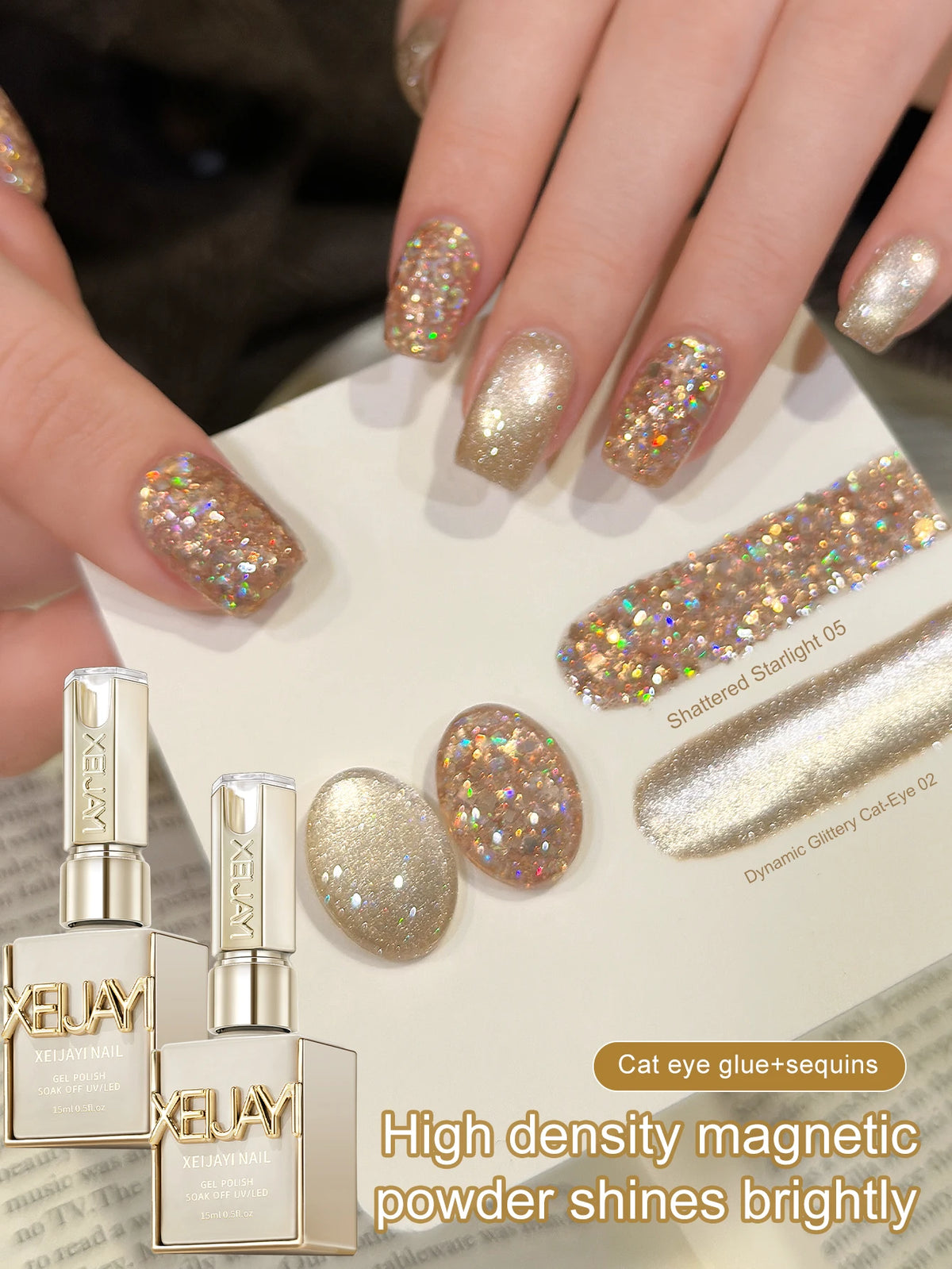 XEIJAYI 2PCS 15Ml Golden Reflective Cat's Eye Magnetic Gel Soaking UV LED Gel Salon Female Nail Art Tools Cat Eye Nails