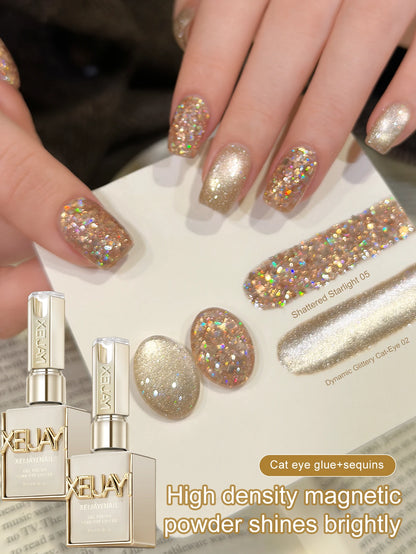 XEIJAYI 2PCS 15Ml Golden Reflective Cat's Eye Magnetic Gel Soaking UV LED Gel Salon Female Nail Art Tools Cat Eye Nails
