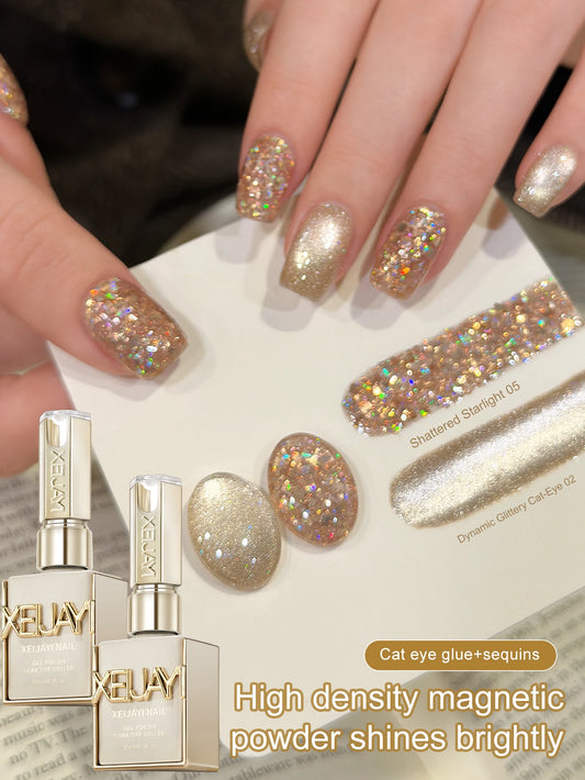 XEIJAYI 2PCS 15Ml Golden Reflective Cat's Eye Magnetic Gel Soaking UV LED Gel Salon Female Nail Art Tools Cat Eye Nails