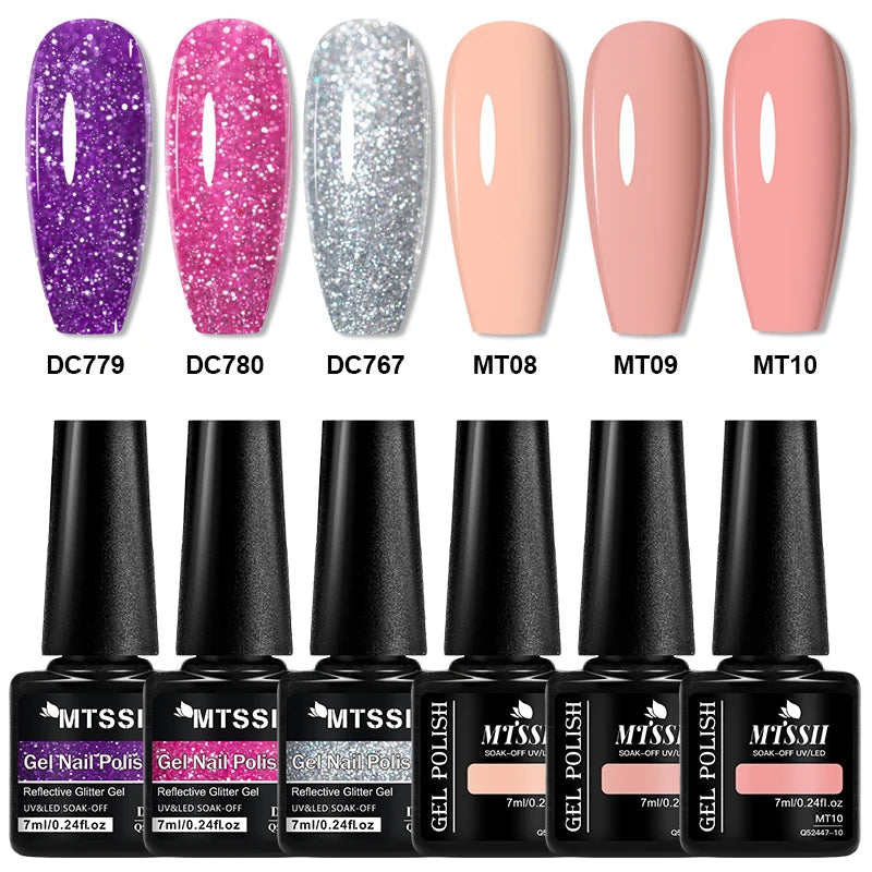 6pcs Reflective Glitter Gel & Color Gel Nail Polish Set Shiny Effect Semi Permanent UV LED Gel Manicure DIY Nail Supplies
