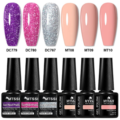 6pcs Reflective Glitter Gel & Color Gel Nail Polish Set Shiny Effect Semi Permanent UV LED Gel Manicure DIY Nail Supplies