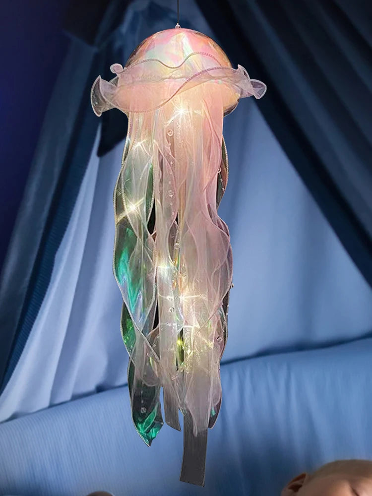 Jellyfish Sleeping Warm Light Button Battery Hanging Ceiling Lantern with Ribbon&Bead LED Bulbs for Children Bedroom