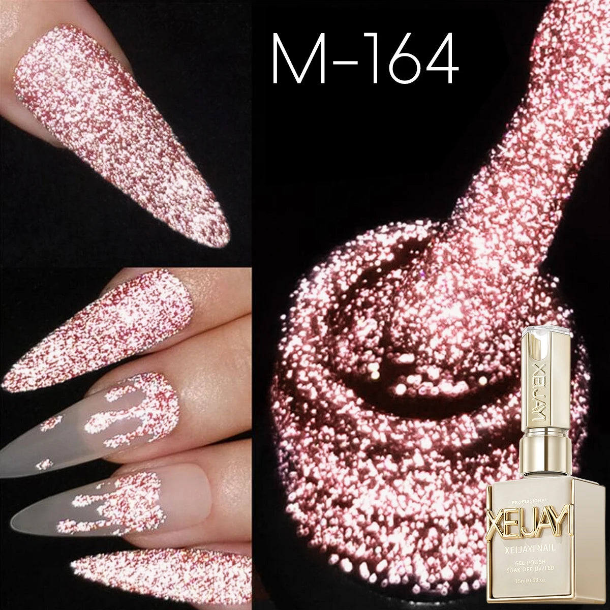 XEIJAYI Pink Glitter Diamond Nail Polish, Shiny Reflective Red with Glitter, Holographic Reflective Soakable UV/LED Nail Art