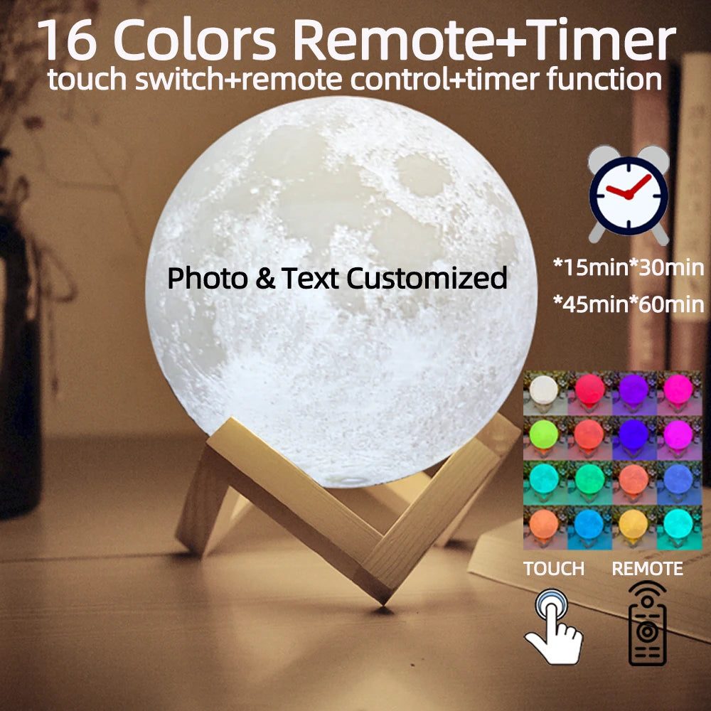 Customized 3D Print Moon Lamp Personalized Photo & Text Night Light USB Lunar Lamp Birthday Mother's Day Gift for Family Couple