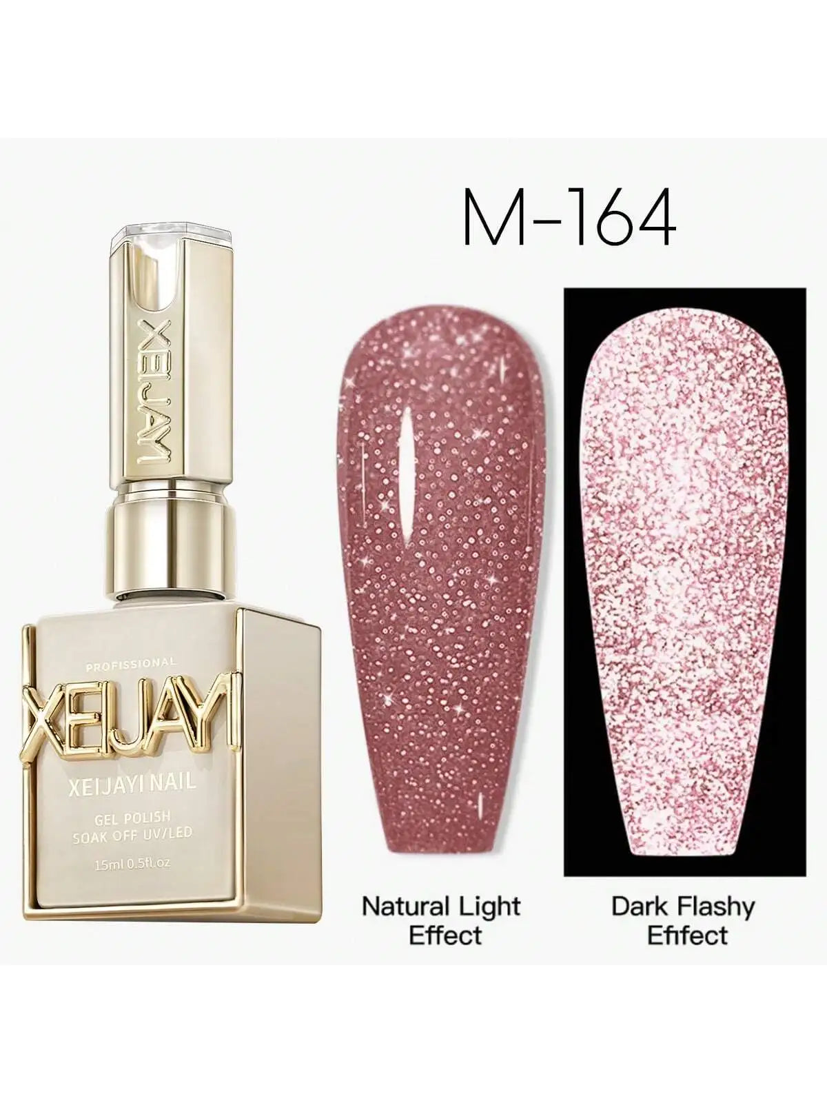 XEIJAYI Pink Glitter Diamond Nail Polish, Shiny Reflective Red with Glitter, Holographic Reflective Soakable UV/LED Nail Art