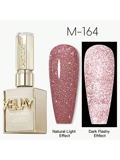 XEIJAYI Pink Glitter Diamond Nail Polish, Shiny Reflective Red with Glitter, Holographic Reflective Soakable UV/LED Nail Art
