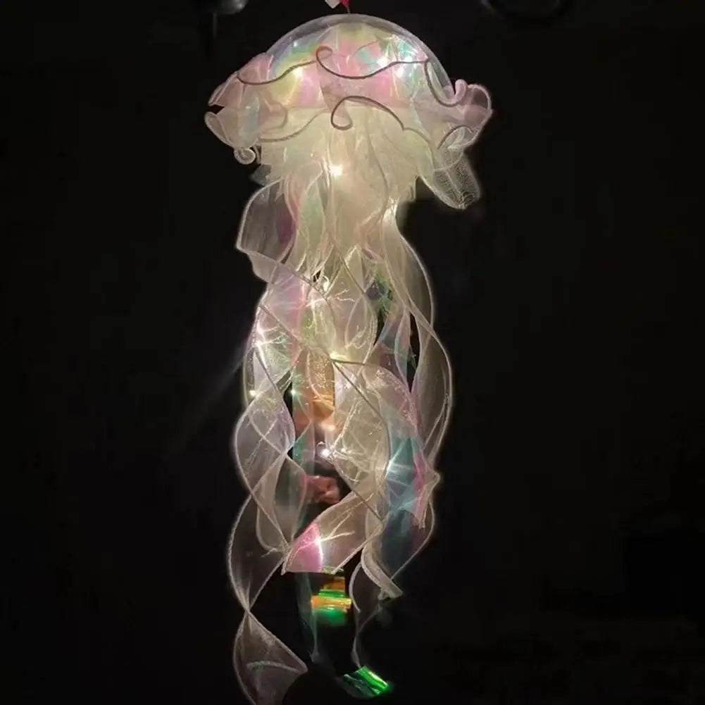 Jellyfish Sleeping Warm Light Button Battery Hanging Ceiling Lantern with Ribbon&Bead LED Bulbs for Children Bedroom