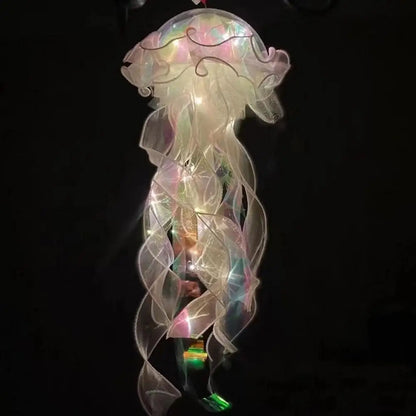 Jellyfish Sleeping Warm Light Button Battery Hanging Ceiling Lantern with Ribbon&Bead LED Bulbs for Children Bedroom
