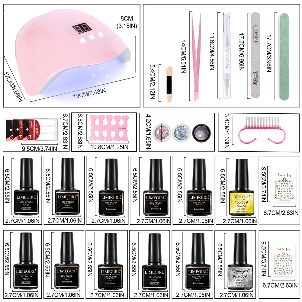 LIMEGIRL 9 Colors Gel Nail Polish Set with UV LED Light Semi-Permanent Soak Gel Varnish Base Coat Polishing Tool Nail Gel Kit