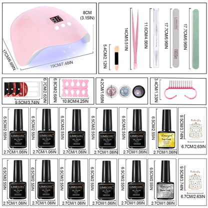 LIMEGIRL 9 Colors Gel Nail Polish Set with UV LED Light Semi-Permanent Soak Gel Varnish Base Coat Polishing Tool Nail Gel Kit