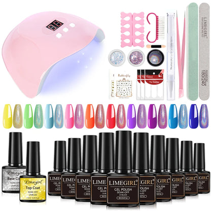 LIMEGIRL 9 Colors Gel Nail Polish Set with UV LED Light Semi-Permanent Soak Gel Varnish Base Coat Polishing Tool Nail Gel Kit