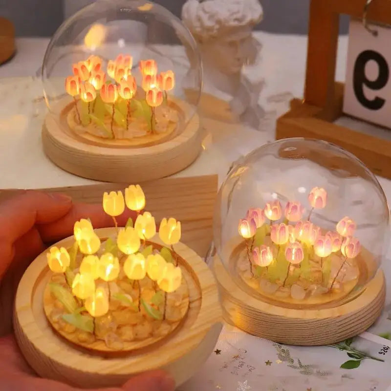 Artificial Tulip Flower Night Light Ornaments Handmade DIY Bedsides LED Night Lamp Bedroom Desk Decor Birthday Gifts Table Lamp