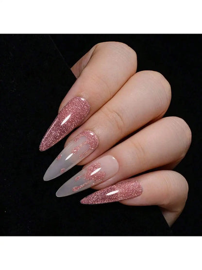 XEIJAYI Pink Glitter Diamond Nail Polish, Shiny Reflective Red with Glitter, Holographic Reflective Soakable UV/LED Nail Art