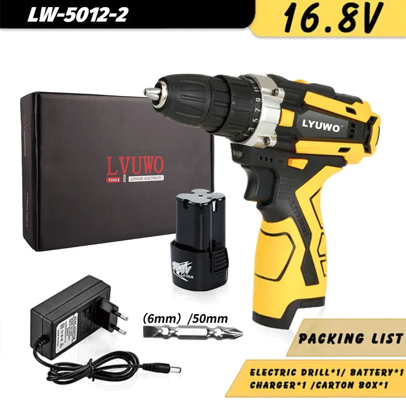 LYUWO 12/16.8/21V Cordless Drill Rechargeable Electric Screwdriver Lithium Battery Household Multi-function 2 Speed Power Tools