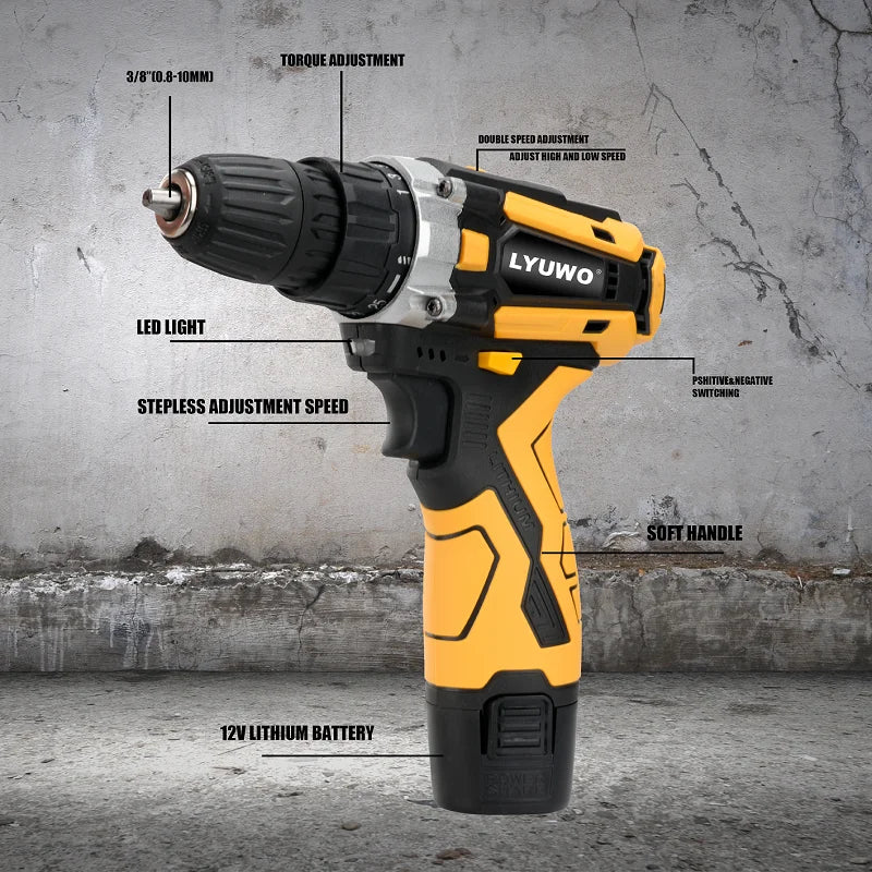 LYUWO 12/16.8/21V Cordless Drill Rechargeable Electric Screwdriver Lithium Battery Household Multi-function 2 Speed Power Tools