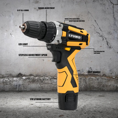 LYUWO 12/16.8/21V Cordless Drill Rechargeable Electric Screwdriver Lithium Battery Household Multi-function 2 Speed Power Tools